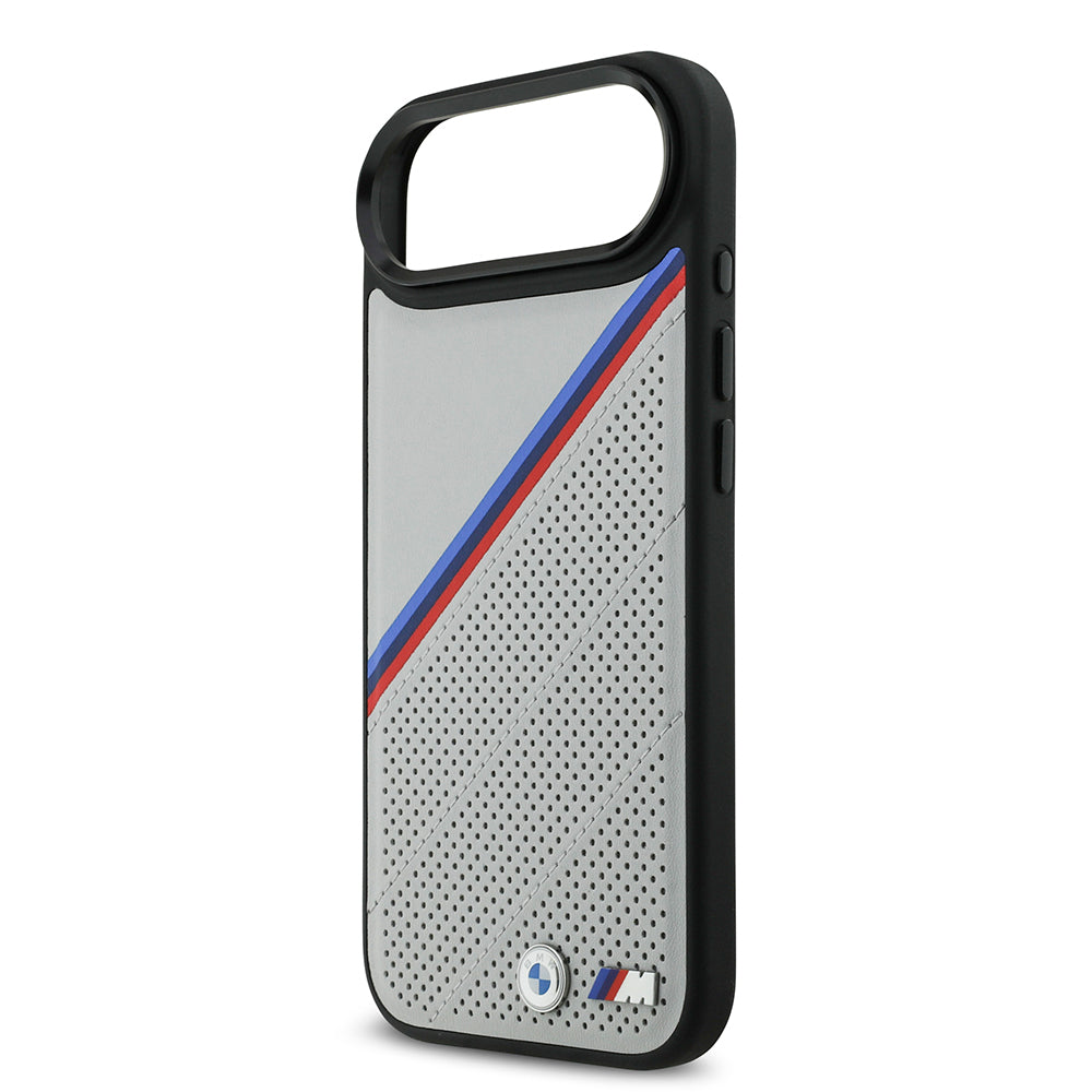 Apple iPhone 17 Air Kılıf BMW Orjinal Lisanslı M-safe Şarj Özellikli M Logolu Üç Şeritli Delikli Deri Kapak Gri
