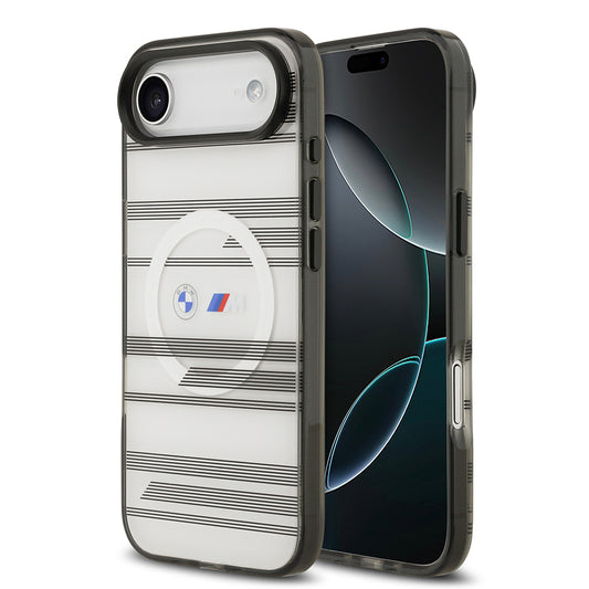 Apple iPhone 17 Air Kılıf BMW Orjinal Lisanslı M-safe Şarj Özellikli Metal Kamera Butonlu Yatay Şeritli M Dizayn Kapak Gümüş