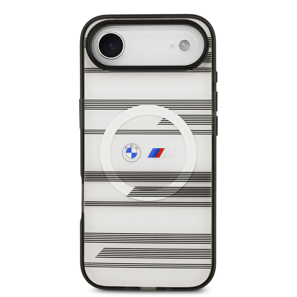 Apple iPhone 17 Air Kılıf BMW Orjinal Lisanslı M-safe Şarj Özellikli Metal Kamera Butonlu Yatay Şeritli M Dizayn Kapak Gümüş