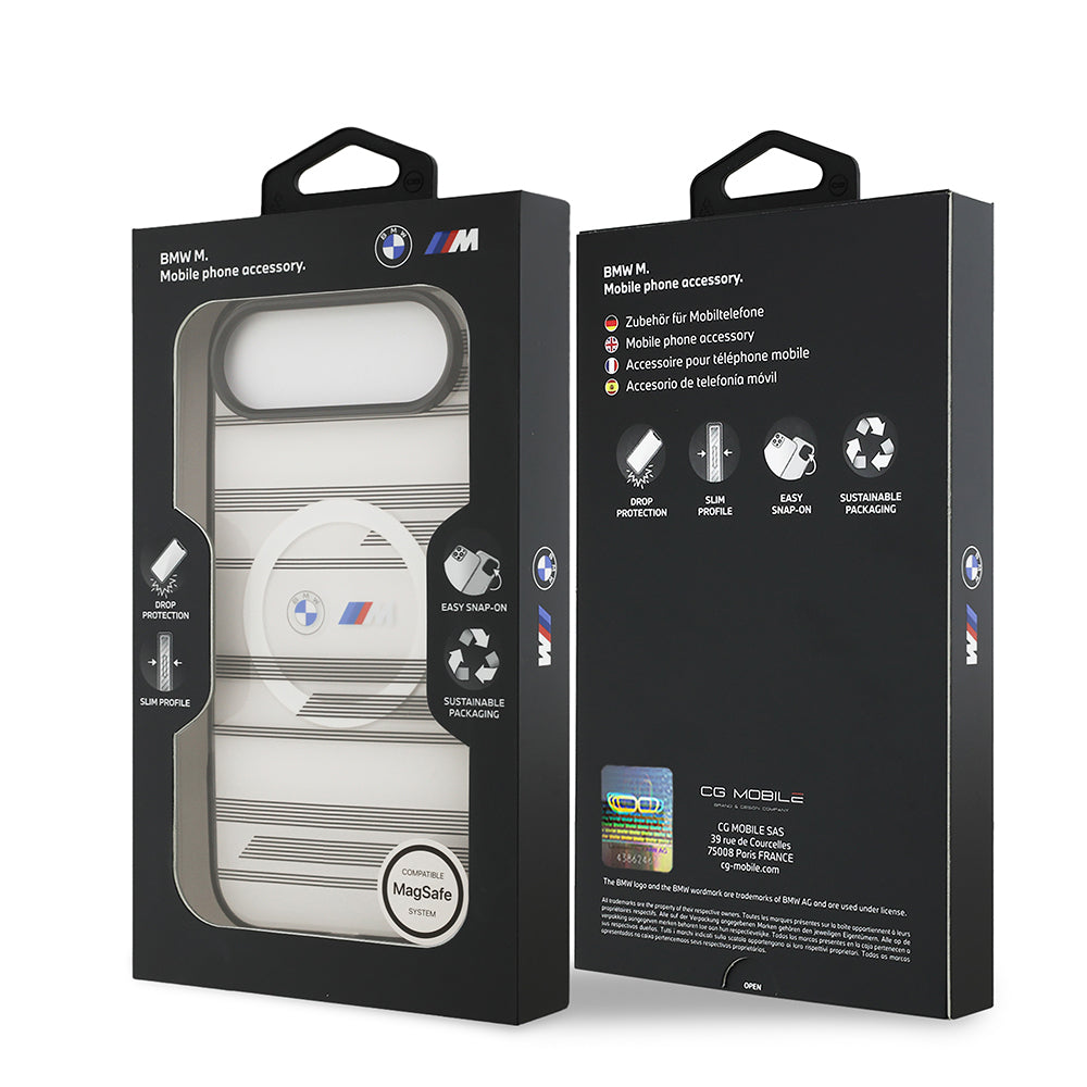 Apple iPhone 17 Air Kılıf BMW Orjinal Lisanslı M-safe Şarj Özellikli Metal Kamera Butonlu Yatay Şeritli M Dizayn Kapak Gümüş