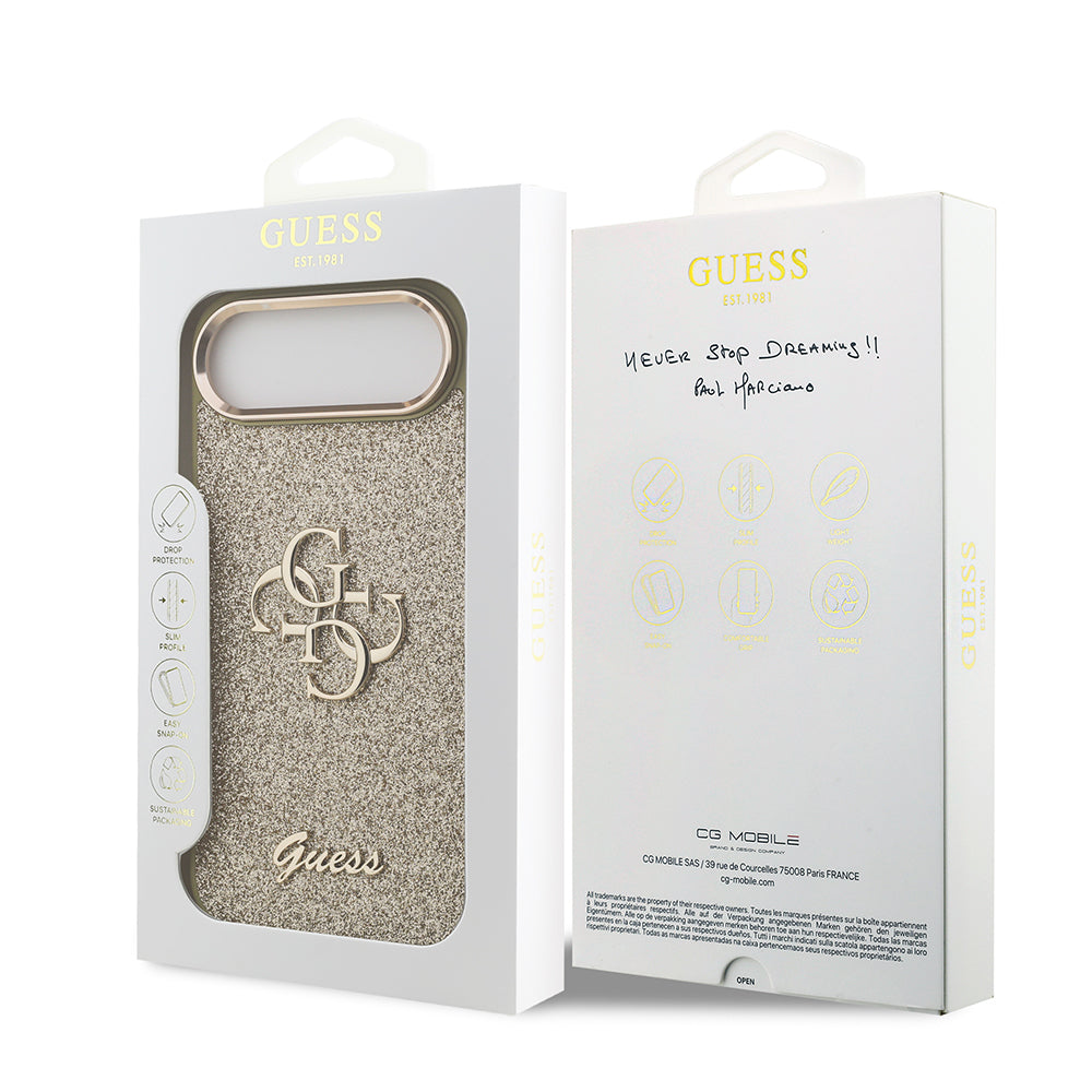 Apple iPhone 17 Air Kılıf Guess Orjinal Lisanslı 4G Büyük Metal Kamera Çerçeveli ve Logolu Glitter Kapak Gold