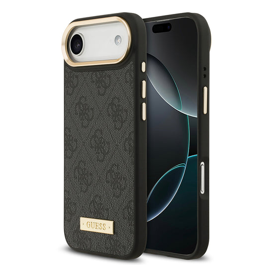 Apple iPhone 17 Air Kılıf Guess Orjinal Lisanslı M-safe Şarj Özellikli 4G Desenli PU Metal Plaka Klasik Logolu Kapak Siyah