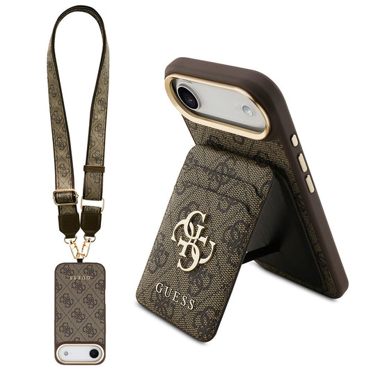 Apple iPhone 17 Air Kılıf Guess Orjinal Lisanslı M-safe Şarj Özellikli Askılı ve 4G Logo Kartlıklı Kapak Kahverengi