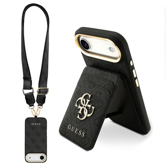 Apple iPhone 17 Air Kılıf Guess Orjinal Lisanslı M-safe Şarj Özellikli Askılı ve 4G Logo Kartlıklı Kapak Siyah
