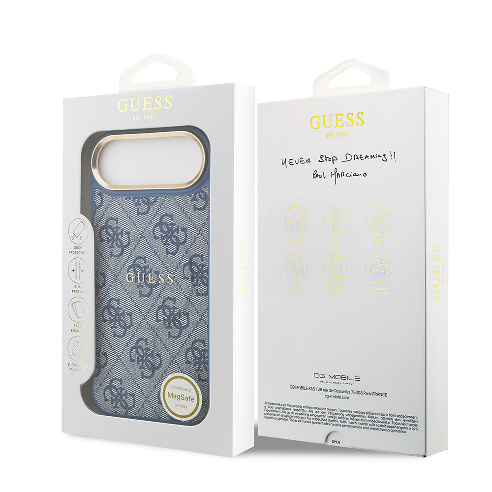 Apple iPhone 17 Air Kılıf Guess Orjinal Lisanslı M-safe Şarj Özellikli Gold Metal Kamera Çerçeveli PU Deri 4G Desenli Yazı Logolu Kapak Mavi