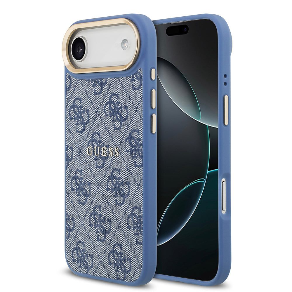 Apple iPhone 17 Air Kılıf Guess Orjinal Lisanslı M-safe Şarj Özellikli Gold Metal Kamera Çerçeveli PU Deri 4G Desenli Yazı Logolu Kapak Mavi