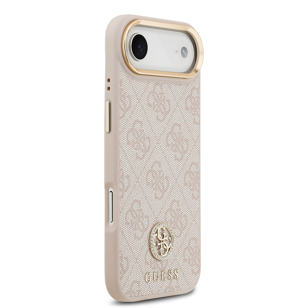 Apple iPhone 17 Air Kılıf Guess Orjinal Lisanslı M-safe Şarj Özellikli Gold Metal Kamera Çerçeveli Taşlı 4G Logolu Kapak Pembe