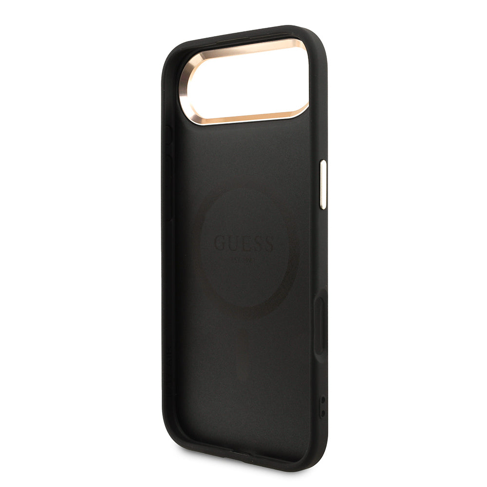 Apple iPhone 17 Air Kılıf Guess Orjinal Lisanslı M-safe Şarj Özellikli Gold Metal Kamera Çerçeveli Taşlı Üçgen Logo 4G Desenli Kapak Pembe