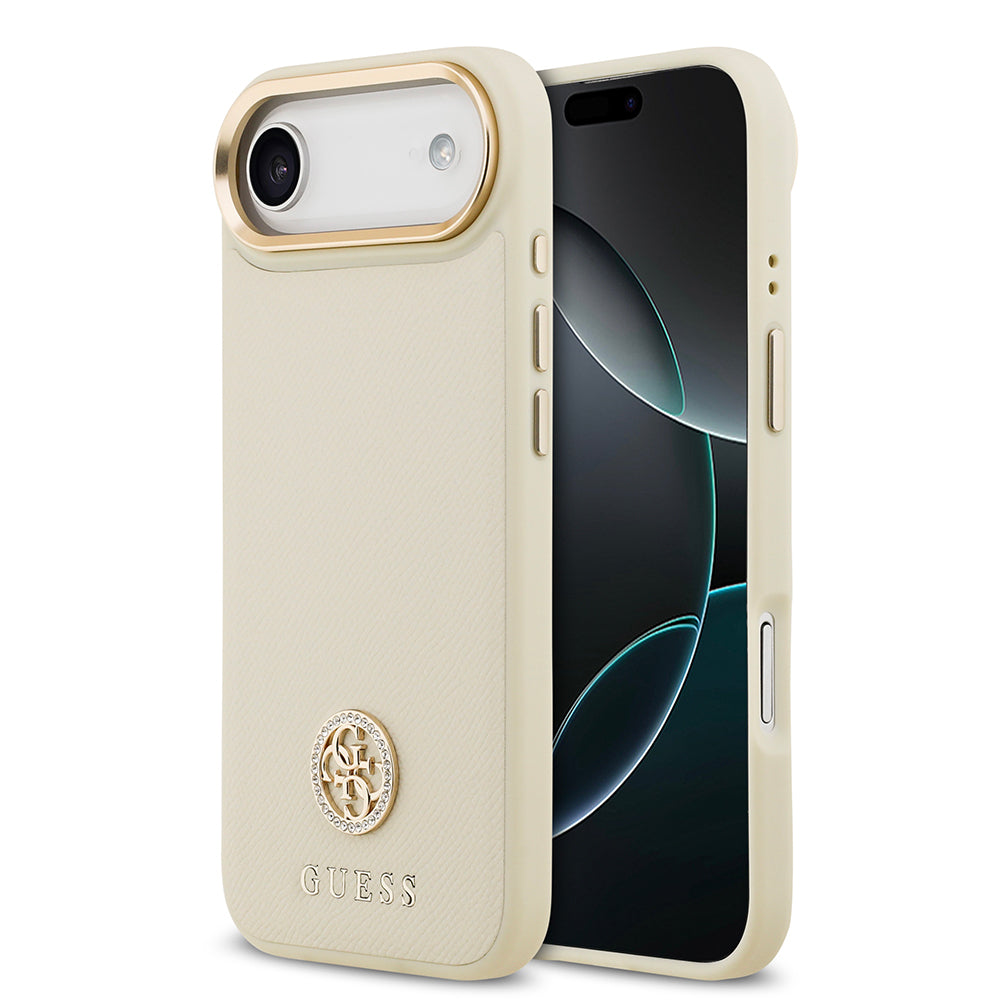 Apple iPhone 17 Air Kılıf Guess Orjinal Lisanslı M-safe Şarj Özellikli Grained Yazı ve Taşlı 4G Logolu Kapak Siyah