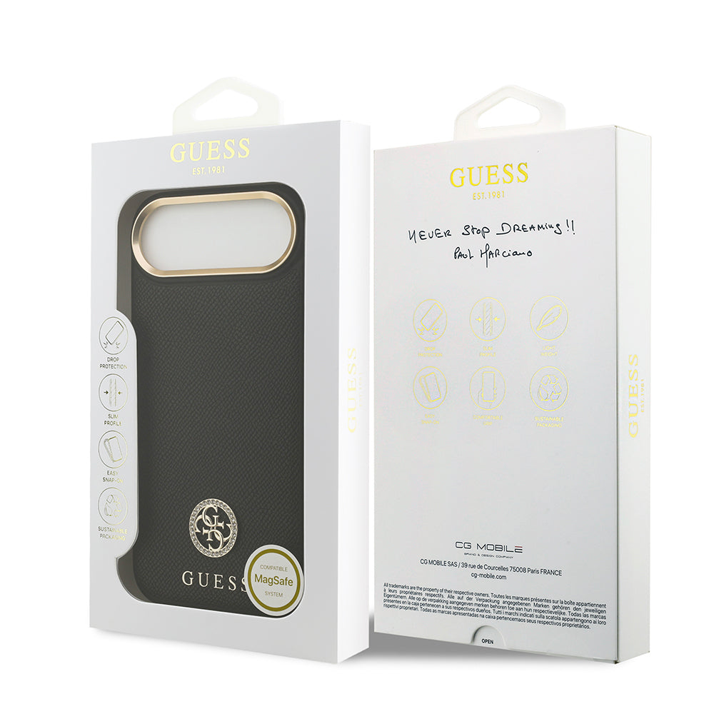 Apple iPhone 17 Air Kılıf Guess Orjinal Lisanslı M-safe Şarj Özellikli Grained Yazı ve Taşlı 4G Logolu Kapak Bej