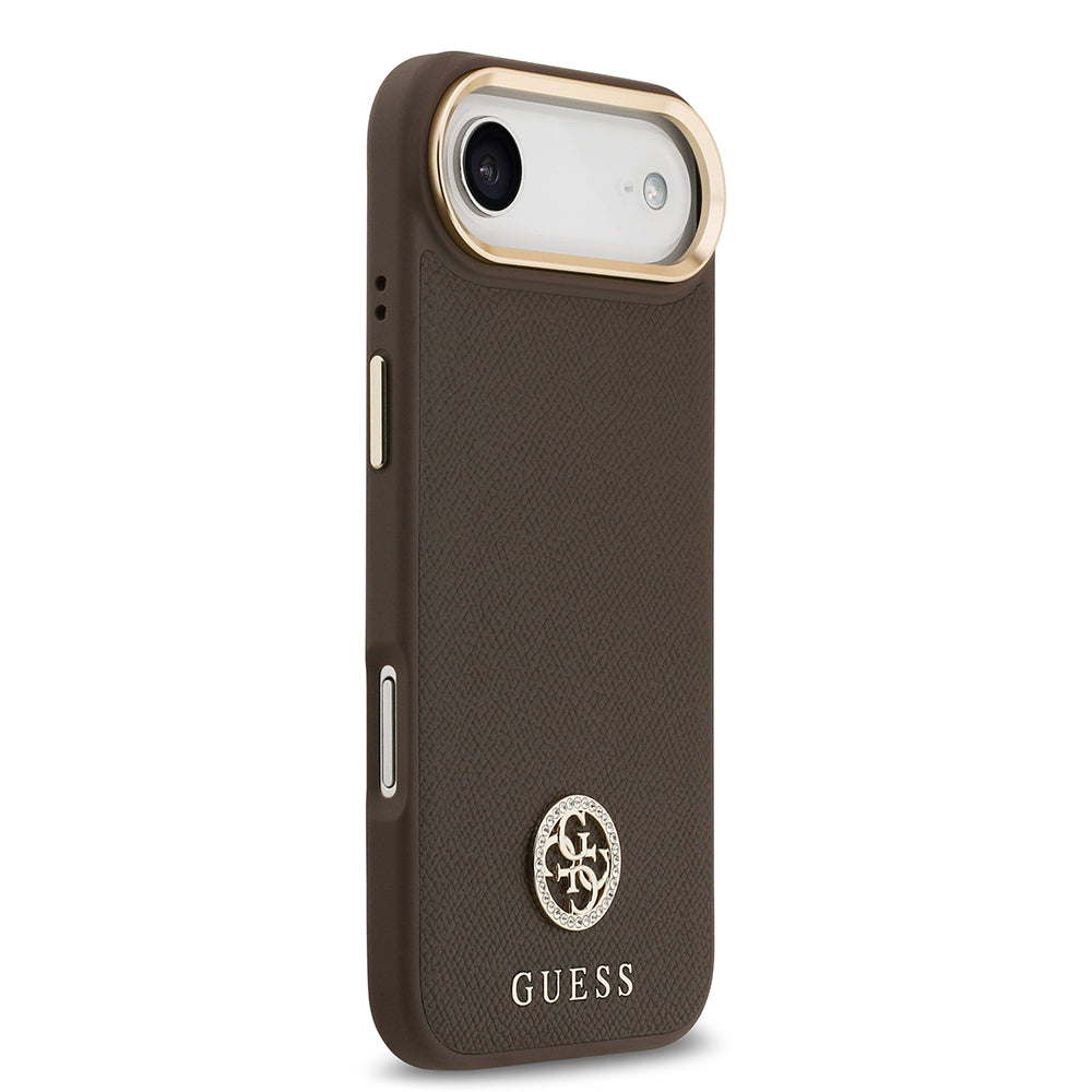 Apple iPhone 17 Air Kılıf Guess Orjinal Lisanslı M-safe Şarj Özellikli Grained Yazı ve Taşlı 4G Logolu Kapak Bej
