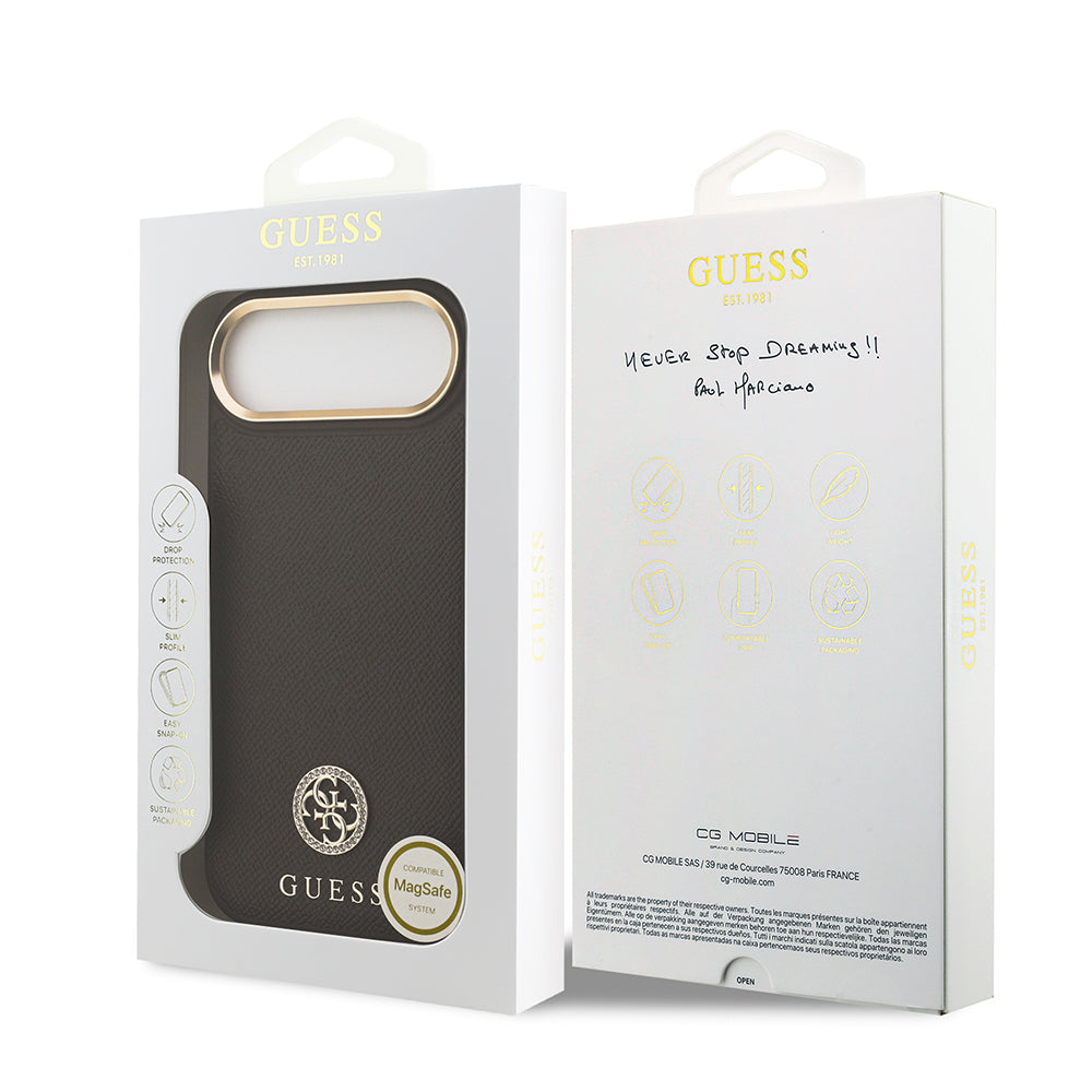 Apple iPhone 17 Air Kılıf Guess Orjinal Lisanslı M-safe Şarj Özellikli Grained Yazı ve Taşlı 4G Logolu Kapak Siyah