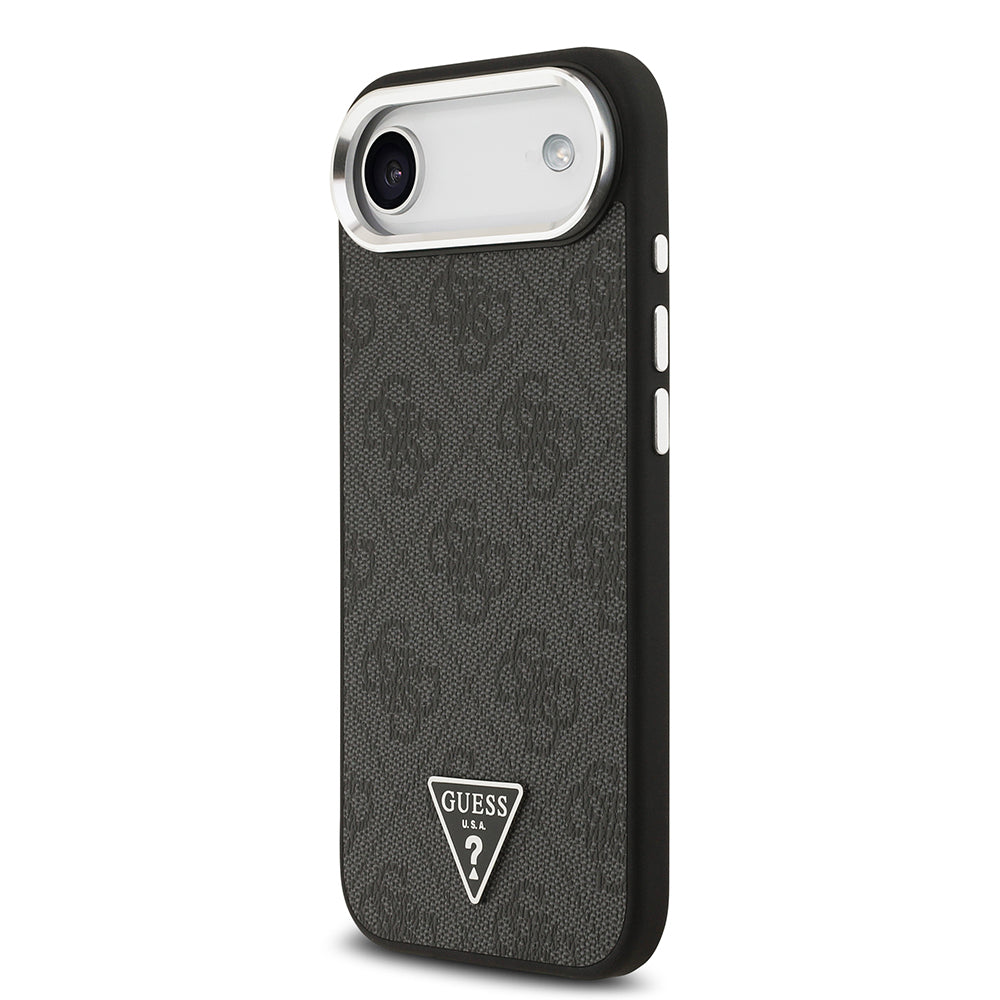 Apple iPhone 17 Air Kılıf Guess Orjinal Lisanslı M-safe Şarj Özellikli Gümüş Metal Kamera Çerçeveli Üçgen Logo 4G Desenli Kapak Siyah