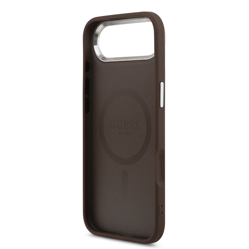 Apple iPhone 17 Air Kılıf Guess Orjinal Lisanslı M-safe Şarj Özellikli Klasik Yazı Logolu PU Deri Kapak Kahverengi