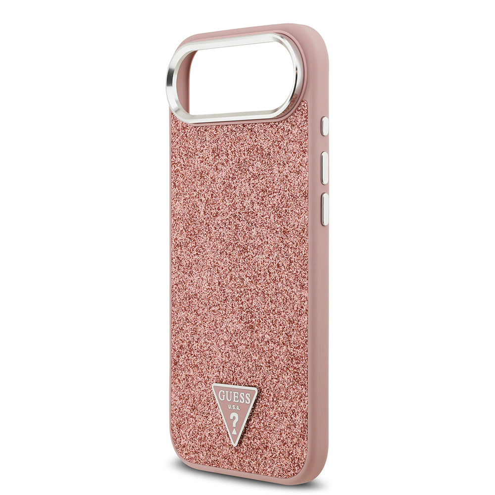 Apple iPhone 17 Air Kılıf Guess Orjinal Lisanslı M-safe Şarj Özellikli Metal Kamera Çerçeveli Üçgen Logolu Glitter Kapak Pembe