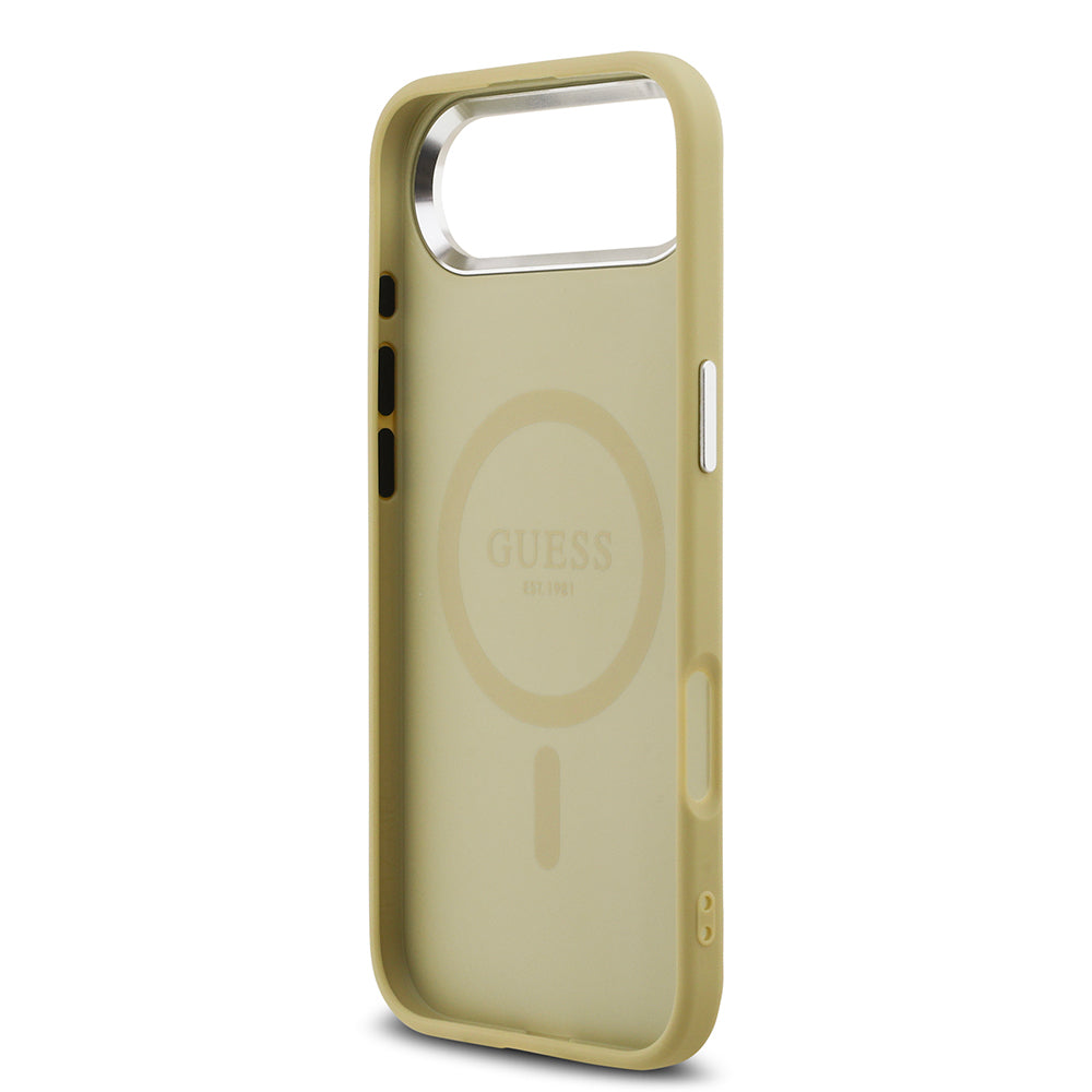 Apple iPhone 17 Air Kılıf Guess Orjinal Lisanslı M-safe Şarj Özellikli Metal Kamera Çerçeveli Üçgen Logolu Glitter Kapak Gold