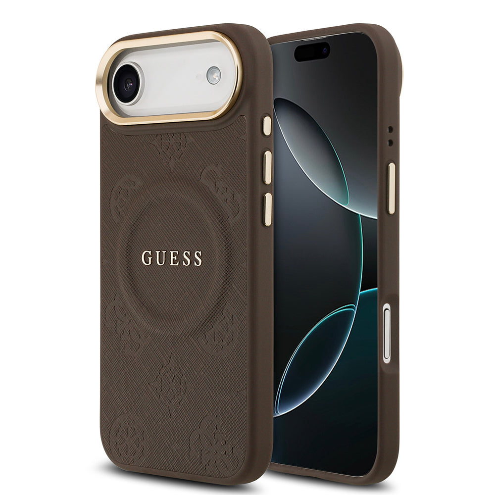 Apple iPhone 17 Air Kılıf Guess Orjinal Lisanslı M-safe Şarj Özellikli Sıcak Baskılı Yazı Logolu PU Deri Peony Kapak Siyah