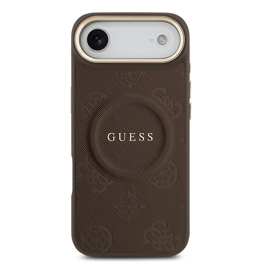 Apple iPhone 17 Air Kılıf Guess Orjinal Lisanslı M-safe Şarj Özellikli Sıcak Baskılı Yazı Logolu PU Deri Peony Kapak Siyah