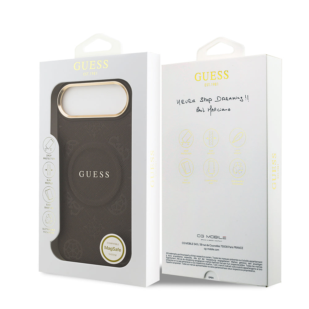 Apple iPhone 17 Air Kılıf Guess Orjinal Lisanslı M-safe Şarj Özellikli Sıcak Baskılı Yazı Logolu PU Deri Peony Kapak Siyah