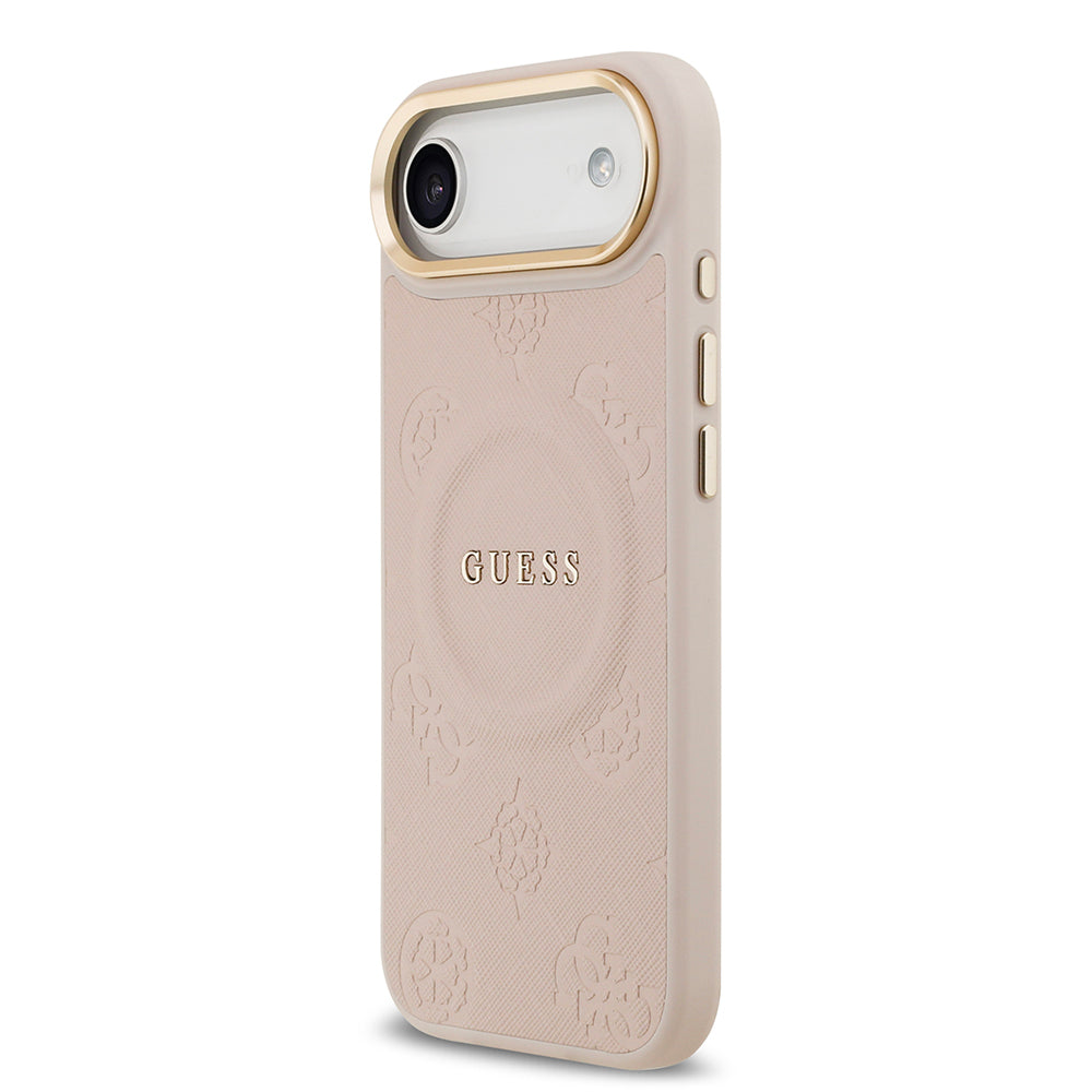 Apple iPhone 17 Air Kılıf Guess Orjinal Lisanslı M-safe Şarj Özellikli Sıcak Baskılı Yazı Logolu PU Deri Peony Kapak Kahverengi