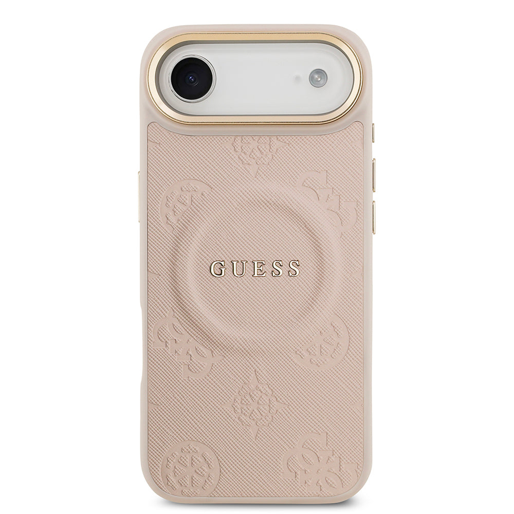 Apple iPhone 17 Air Kılıf Guess Orjinal Lisanslı M-safe Şarj Özellikli Sıcak Baskılı Yazı Logolu PU Deri Peony Kapak Siyah