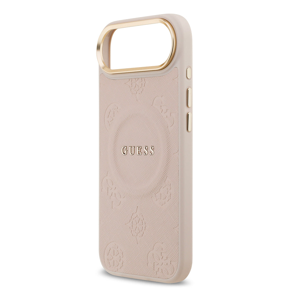 Apple iPhone 17 Air Kılıf Guess Orjinal Lisanslı M-safe Şarj Özellikli Sıcak Baskılı Yazı Logolu PU Deri Peony Kapak Siyah