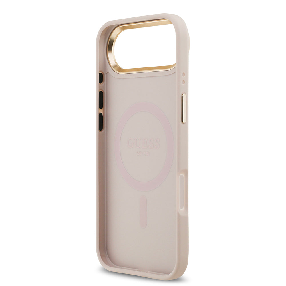 Apple iPhone 17 Air Kılıf Guess Orjinal Lisanslı M-safe Şarj Özellikli Sıcak Baskılı Yazı Logolu PU Deri Peony Kapak Bej