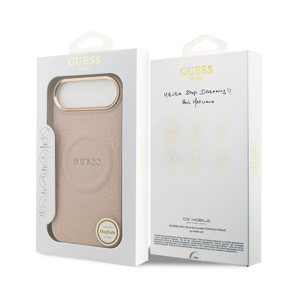 Apple iPhone 17 Air Kılıf Guess Orjinal Lisanslı M-safe Şarj Özellikli Sıcak Baskılı Yazı Logolu PU Deri Peony Kapak Kahverengi