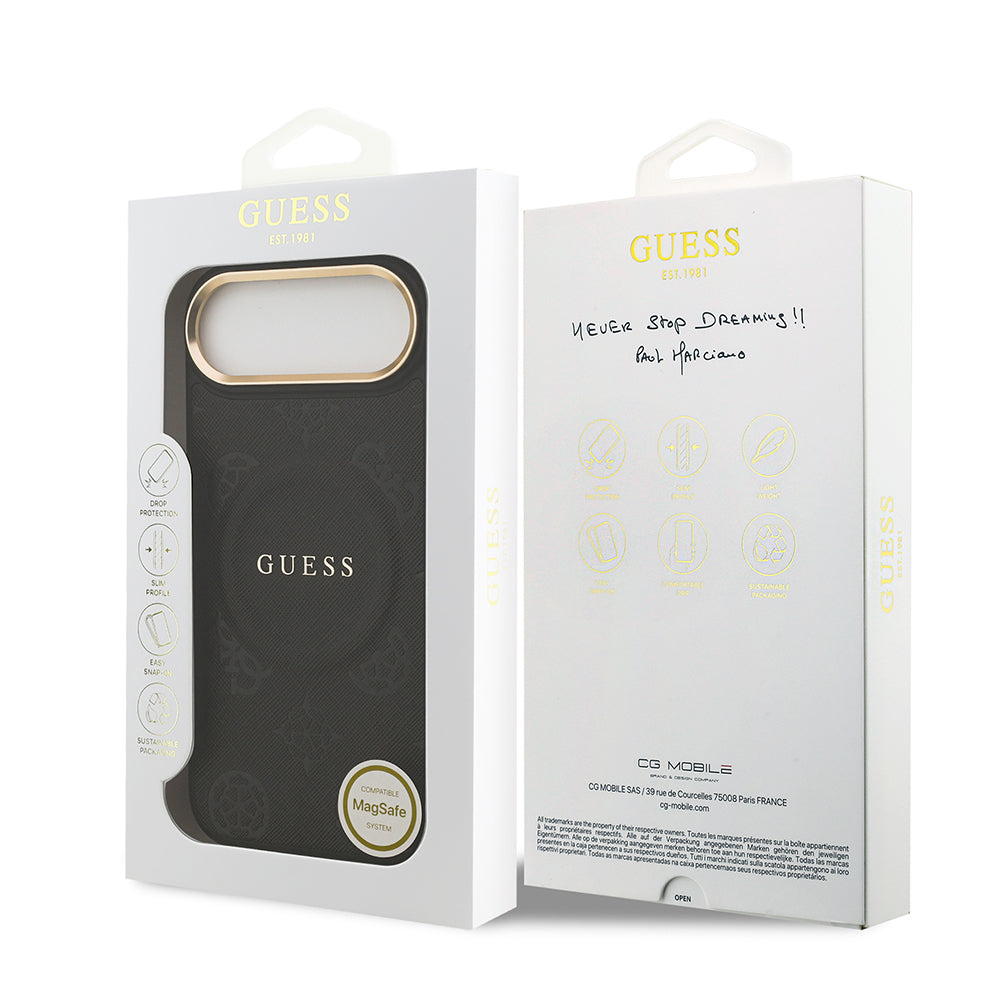 Apple iPhone 17 Air Kılıf Guess Orjinal Lisanslı M-safe Şarj Özellikli Sıcak Baskılı Yazı Logolu PU Deri Peony Kapak Pembe