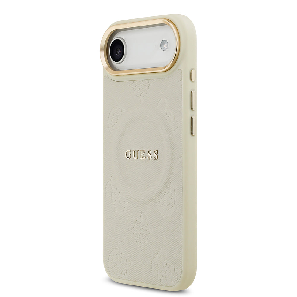 Apple iPhone 17 Air Kılıf Guess Orjinal Lisanslı M-safe Şarj Özellikli Sıcak Baskılı Yazı Logolu PU Deri Peony Kapak Bej