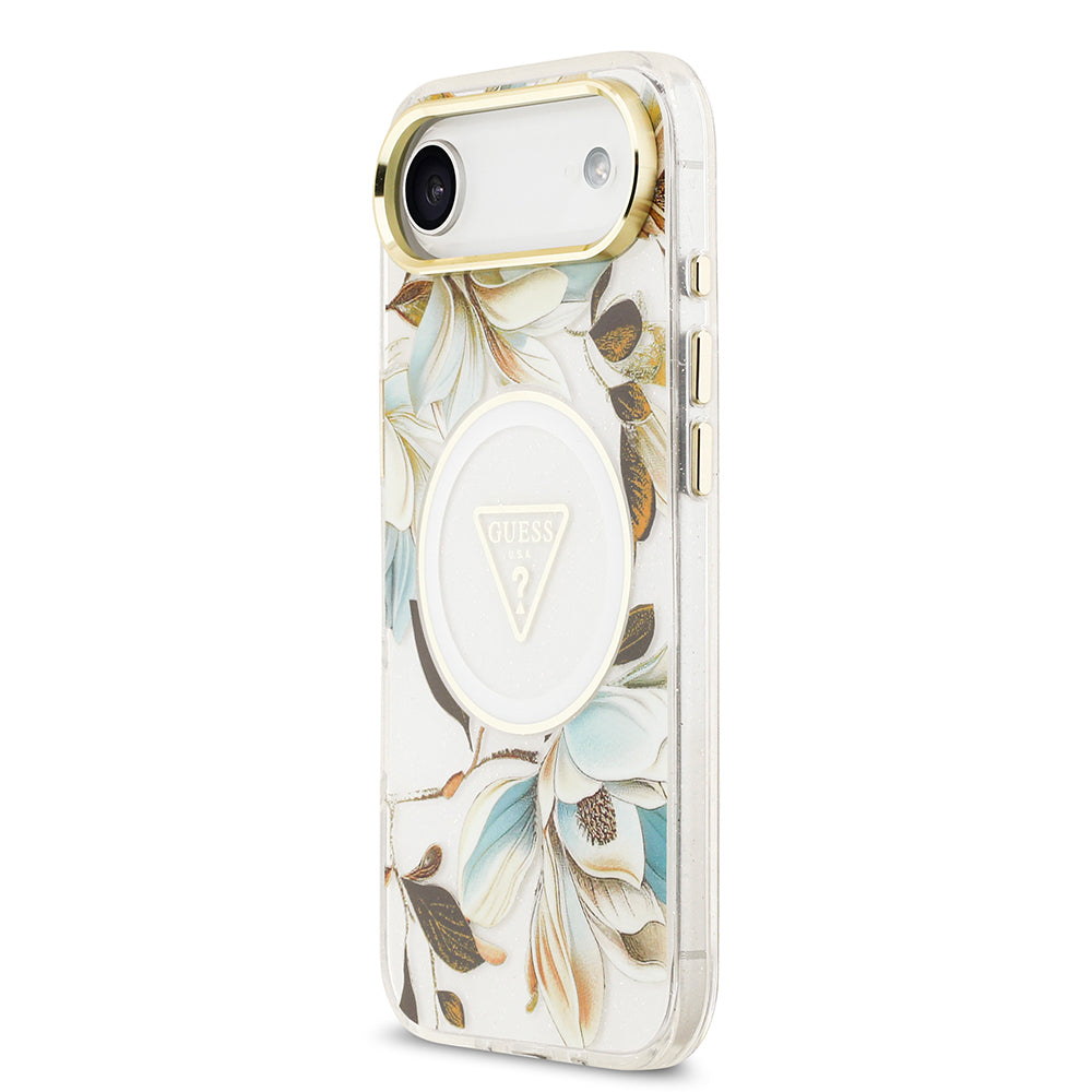 Apple iPhone 17 Air Kılıf Guess Orjinal Lisanslı M-safe Şarj Özellikli Simli Çiçek Desenli Metal Kamera Çerçeveli Üçgen Logolu Kapak Mor