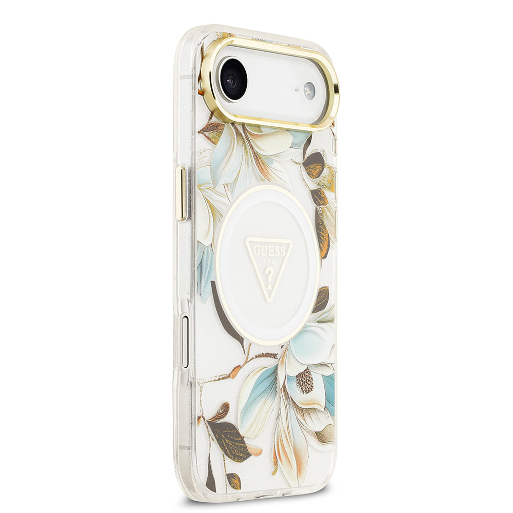 Apple iPhone 17 Air Kılıf Guess Orjinal Lisanslı M-safe Şarj Özellikli Simli Çiçek Desenli Metal Kamera Çerçeveli Üçgen Logolu Kapak Yeşil