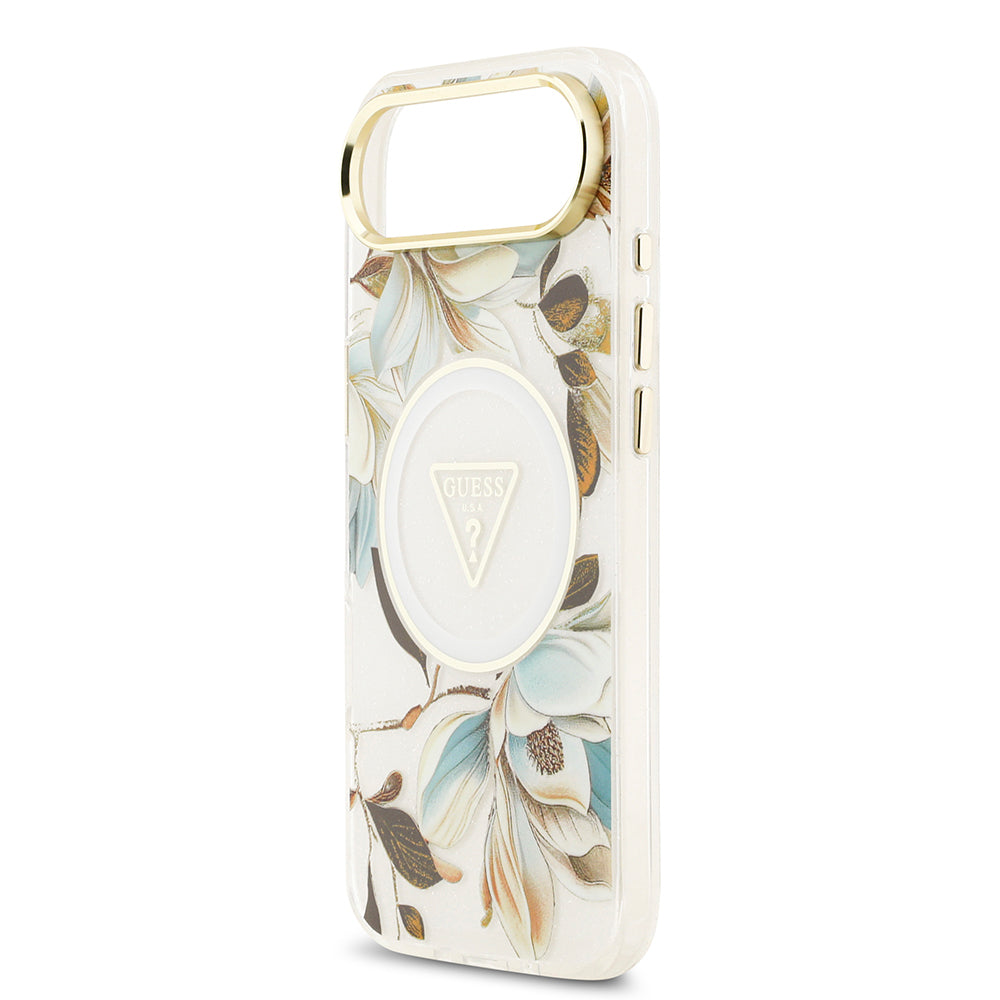 Apple iPhone 17 Air Kılıf Guess Orjinal Lisanslı M-safe Şarj Özellikli Simli Çiçek Desenli Metal Kamera Çerçeveli Üçgen Logolu Kapak Mor