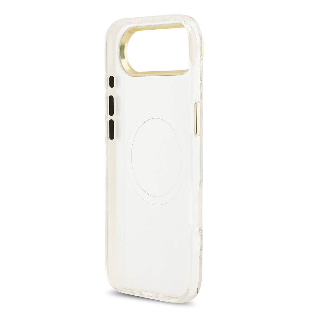 Apple iPhone 17 Air Kılıf Guess Orjinal Lisanslı M-safe Şarj Özellikli Simli Çiçek Desenli Metal Kamera Çerçeveli Üçgen Logolu Kapak Beyaz