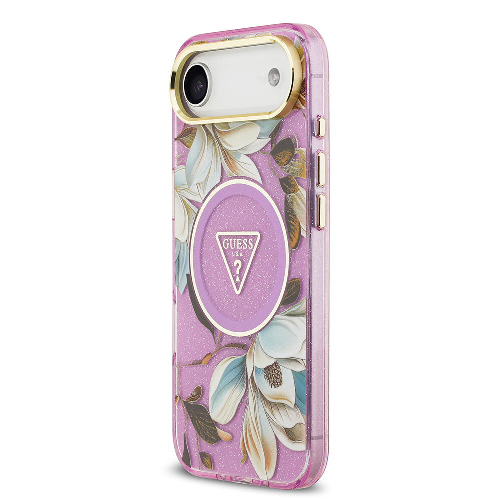 Apple iPhone 17 Air Kılıf Guess Orjinal Lisanslı M-safe Şarj Özellikli Simli Çiçek Desenli Metal Kamera Çerçeveli Üçgen Logolu Kapak Beyaz