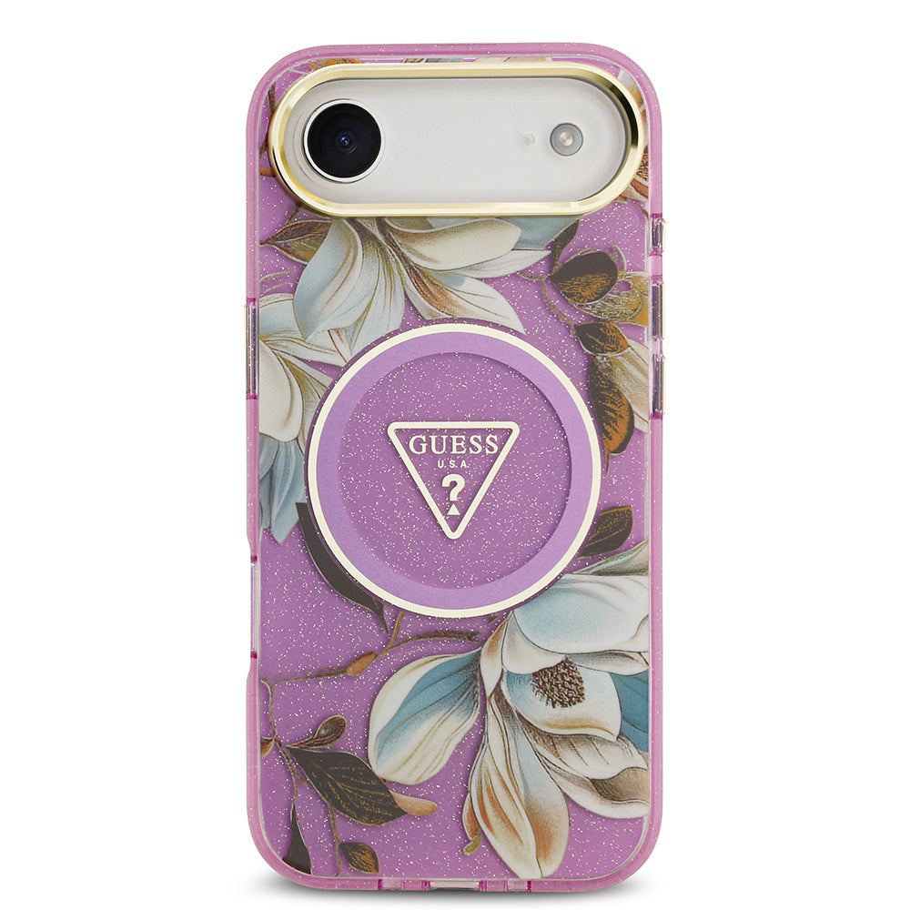 Apple iPhone 17 Air Kılıf Guess Orjinal Lisanslı M-safe Şarj Özellikli Simli Çiçek Desenli Metal Kamera Çerçeveli Üçgen Logolu Kapak Siyah