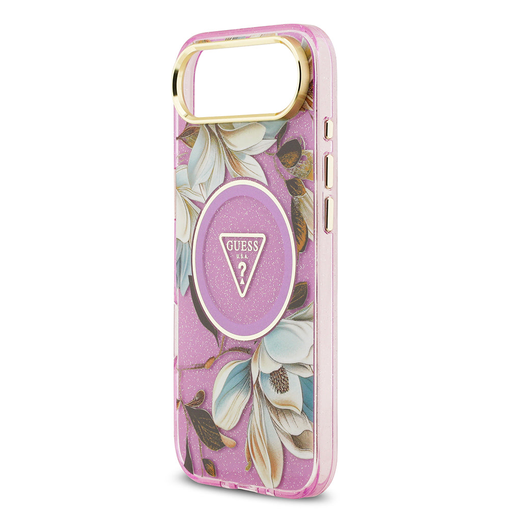 Apple iPhone 17 Air Kılıf Guess Orjinal Lisanslı M-safe Şarj Özellikli Simli Çiçek Desenli Metal Kamera Çerçeveli Üçgen Logolu Kapak Yeşil