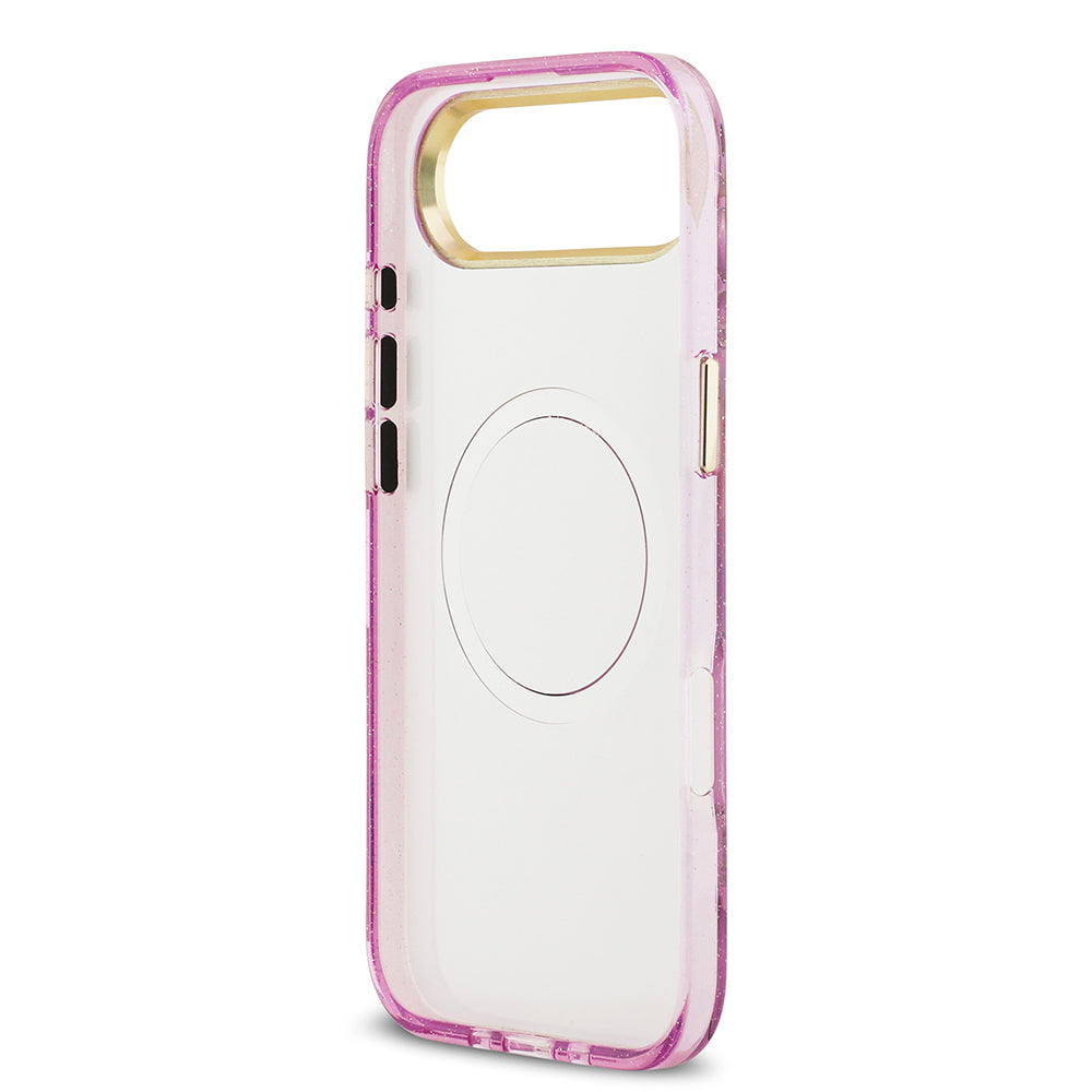 Apple iPhone 17 Air Kılıf Guess Orjinal Lisanslı M-safe Şarj Özellikli Simli Çiçek Desenli Metal Kamera Çerçeveli Üçgen Logolu Kapak Beyaz