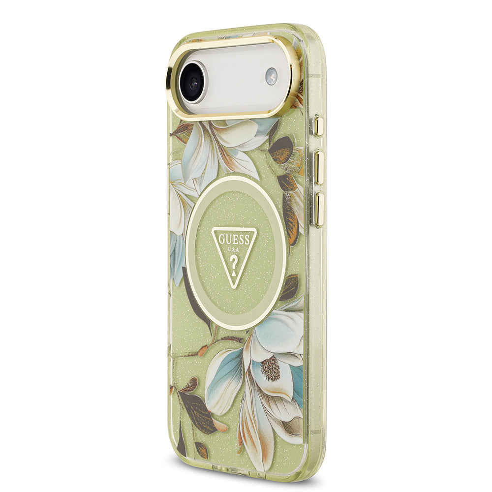 Apple iPhone 17 Air Kılıf Guess Orjinal Lisanslı M-safe Şarj Özellikli Simli Çiçek Desenli Metal Kamera Çerçeveli Üçgen Logolu Kapak Beyaz