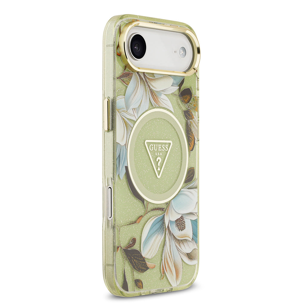 Apple iPhone 17 Air Kılıf Guess Orjinal Lisanslı M-safe Şarj Özellikli Simli Çiçek Desenli Metal Kamera Çerçeveli Üçgen Logolu Kapak Beyaz