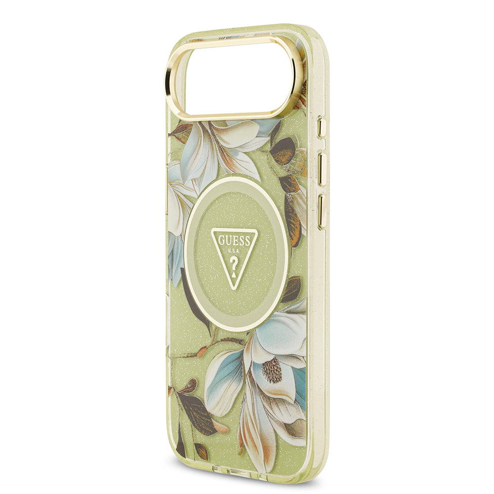 Apple iPhone 17 Air Kılıf Guess Orjinal Lisanslı M-safe Şarj Özellikli Simli Çiçek Desenli Metal Kamera Çerçeveli Üçgen Logolu Kapak Beyaz