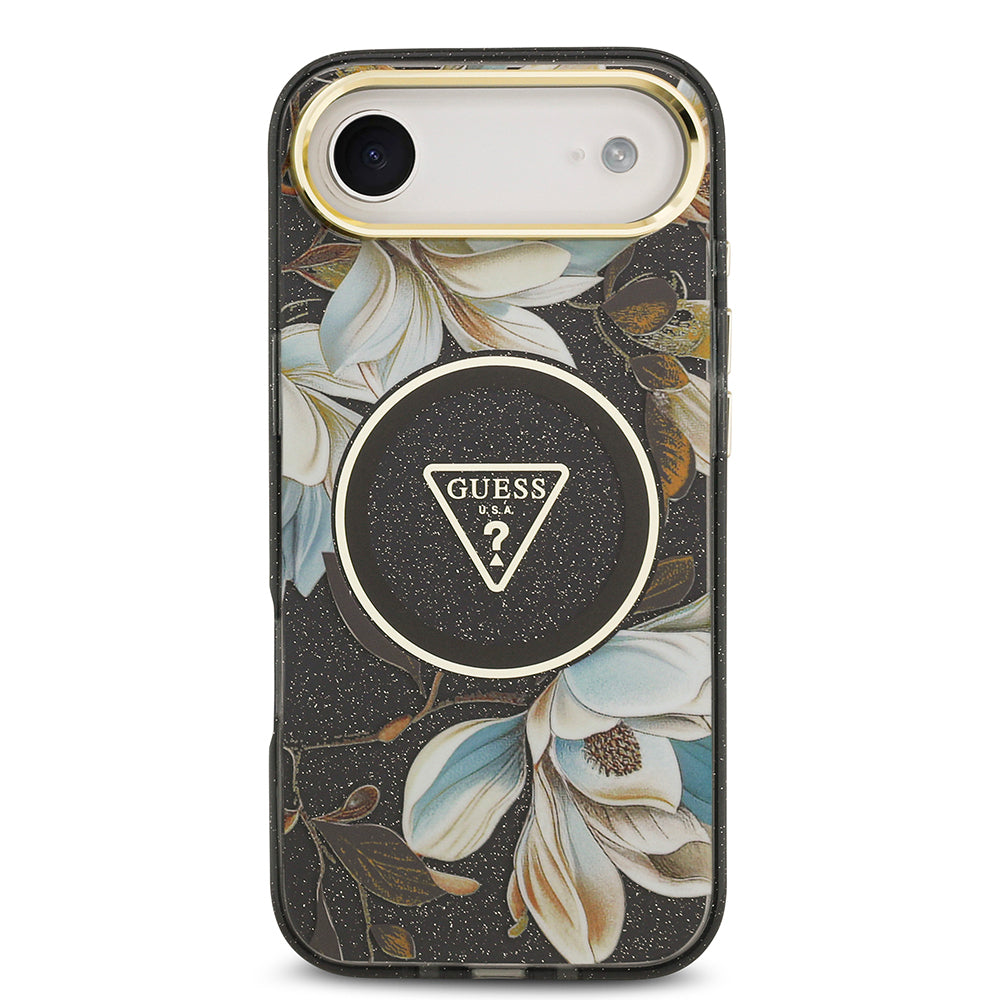 Apple iPhone 17 Air Kılıf Guess Orjinal Lisanslı M-safe Şarj Özellikli Simli Çiçek Desenli Metal Kamera Çerçeveli Üçgen Logolu Kapak Beyaz