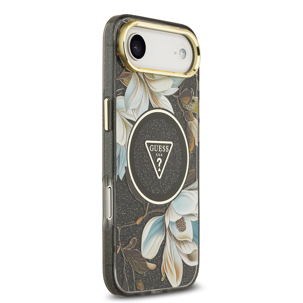 Apple iPhone 17 Air Kılıf Guess Orjinal Lisanslı M-safe Şarj Özellikli Simli Çiçek Desenli Metal Kamera Çerçeveli Üçgen Logolu Kapak Siyah