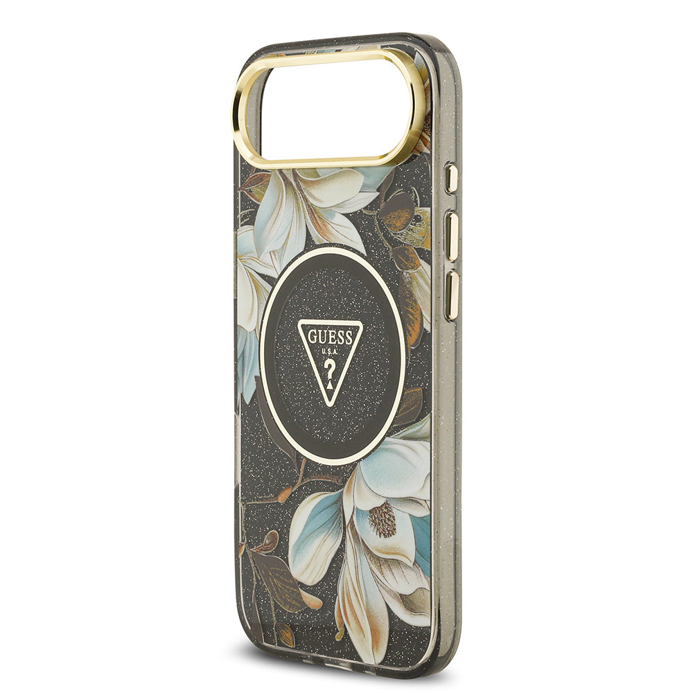 Apple iPhone 17 Air Kılıf Guess Orjinal Lisanslı M-safe Şarj Özellikli Simli Çiçek Desenli Metal Kamera Çerçeveli Üçgen Logolu Kapak Beyaz