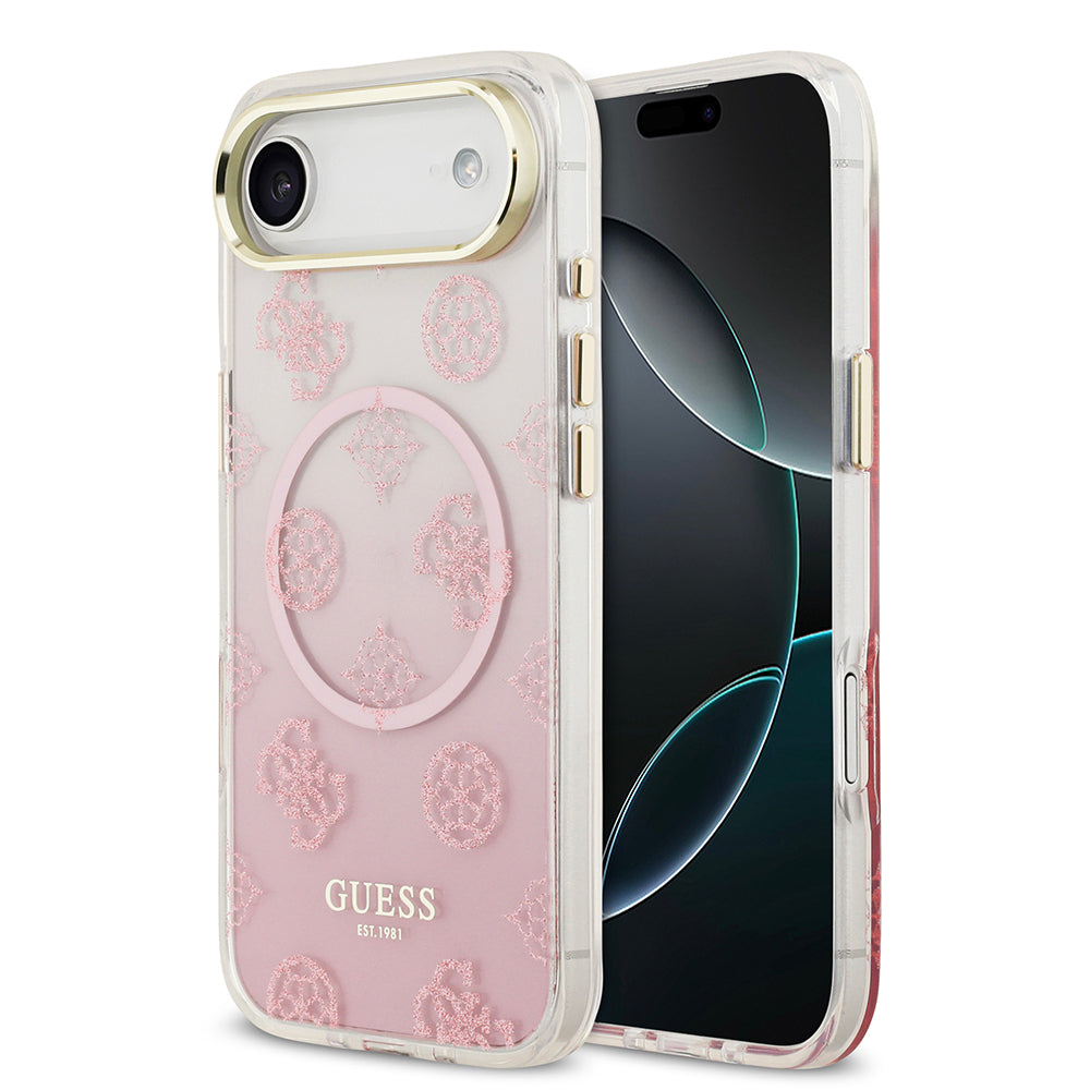Apple iPhone 17 Air Kılıf Guess Orjinal Lisanslı M-safe Şarj Özellikli Simli Peony Desenli Silikon Kapak Pembe