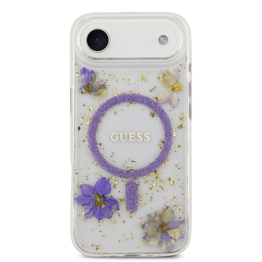 Apple iPhone 17 Air Kılıf Guess Orjinal Lisanslı M-safe Şarj Özellikli Transparan Resin Flowers Kapak Mor