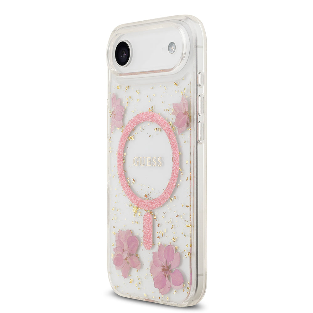 Apple iPhone 17 Air Kılıf Guess Orjinal Lisanslı M-safe Şarj Özellikli Transparan Resin Flowers Kapak Mor