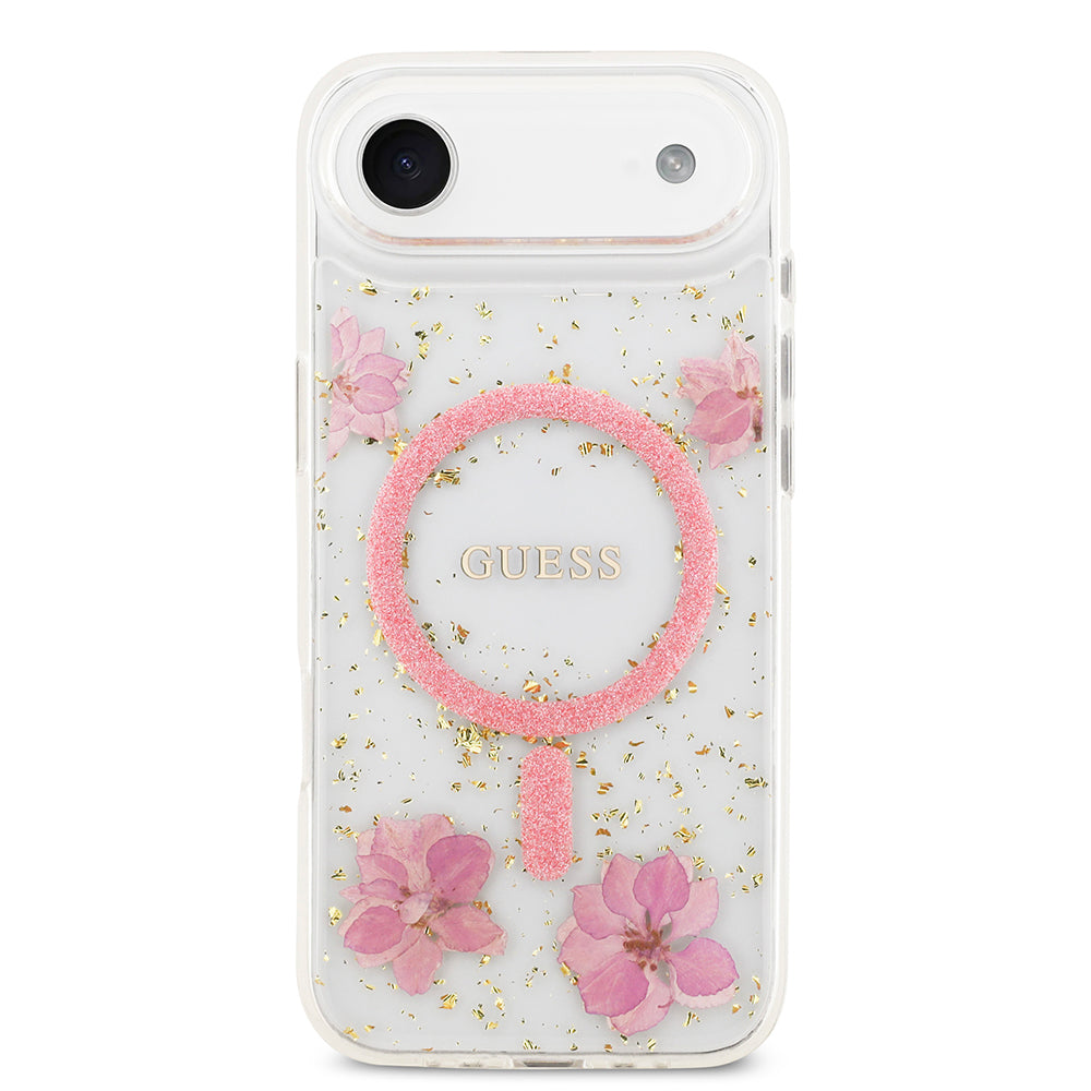 Apple iPhone 17 Air Kılıf Guess Orjinal Lisanslı M-safe Şarj Özellikli Transparan Resin Flowers Kapak Pembe