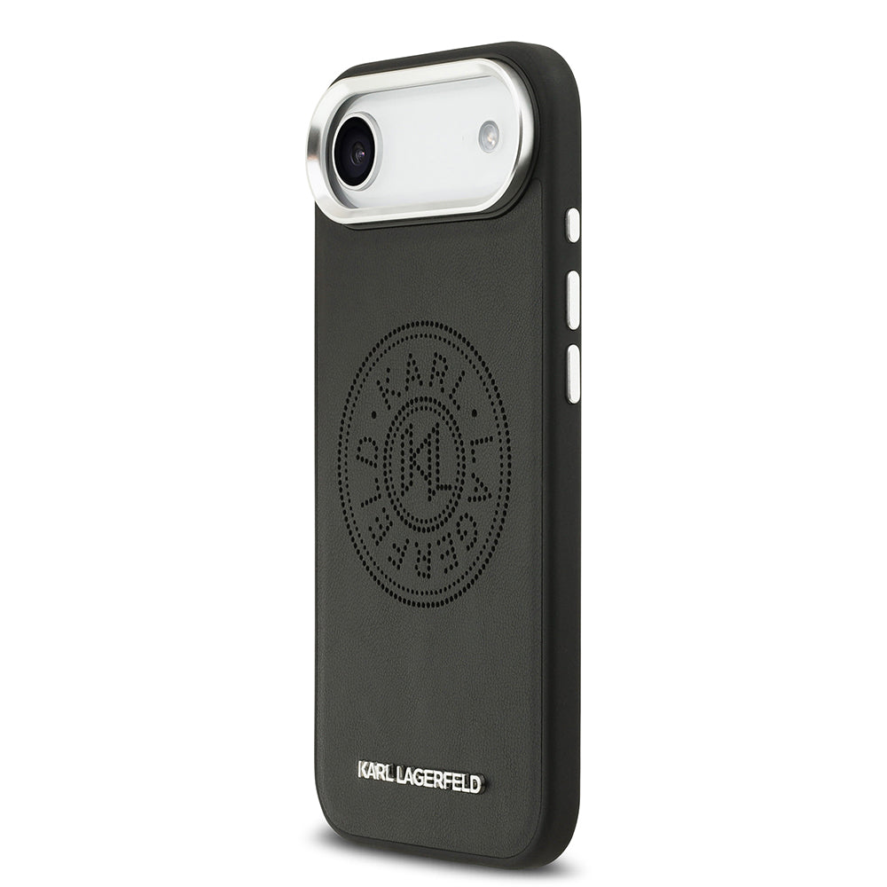 Apple iPhone 17 Air Kılıf Karl Lagerfeld Orjinal Lisanslı M-safe Şarj Özellikli Delikli Tasarım Metal Logolu PU Deri Kapak Siyah