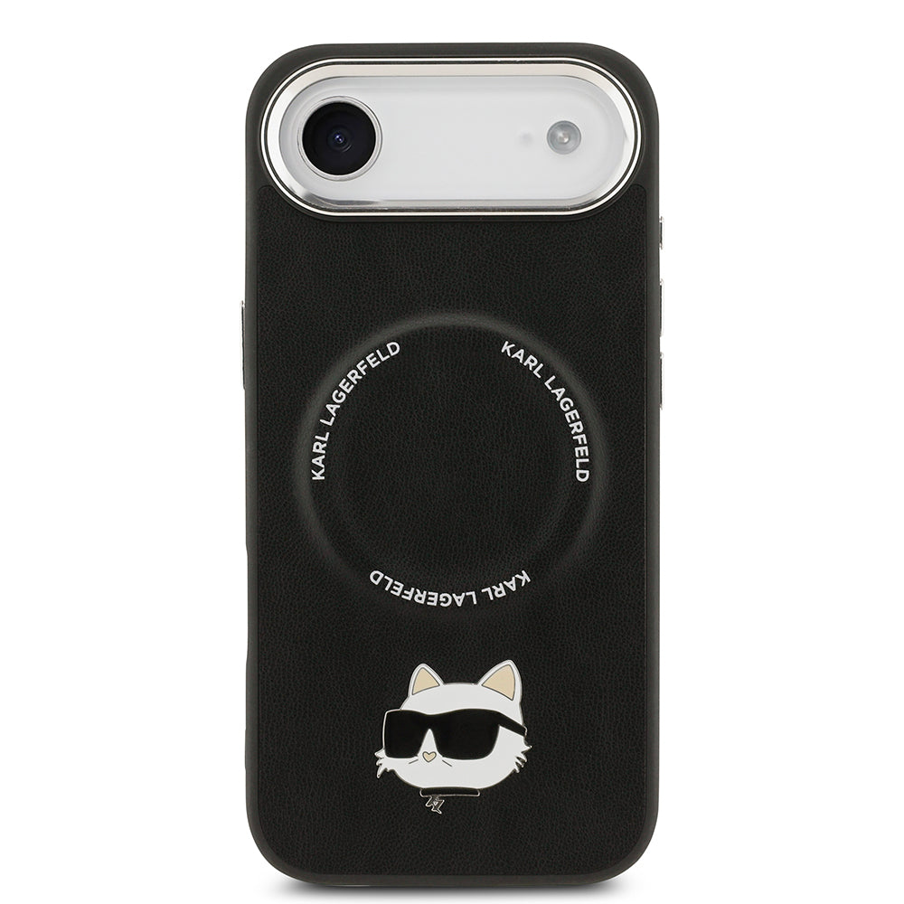 Apple iPhone 17 Air Kılıf Karl Lagerfeld Orjinal Lisanslı M-safe Şarj Özellikli Metal Kamera ve Buton Tasarımlı Choupette PU Deri Kapak Siyah